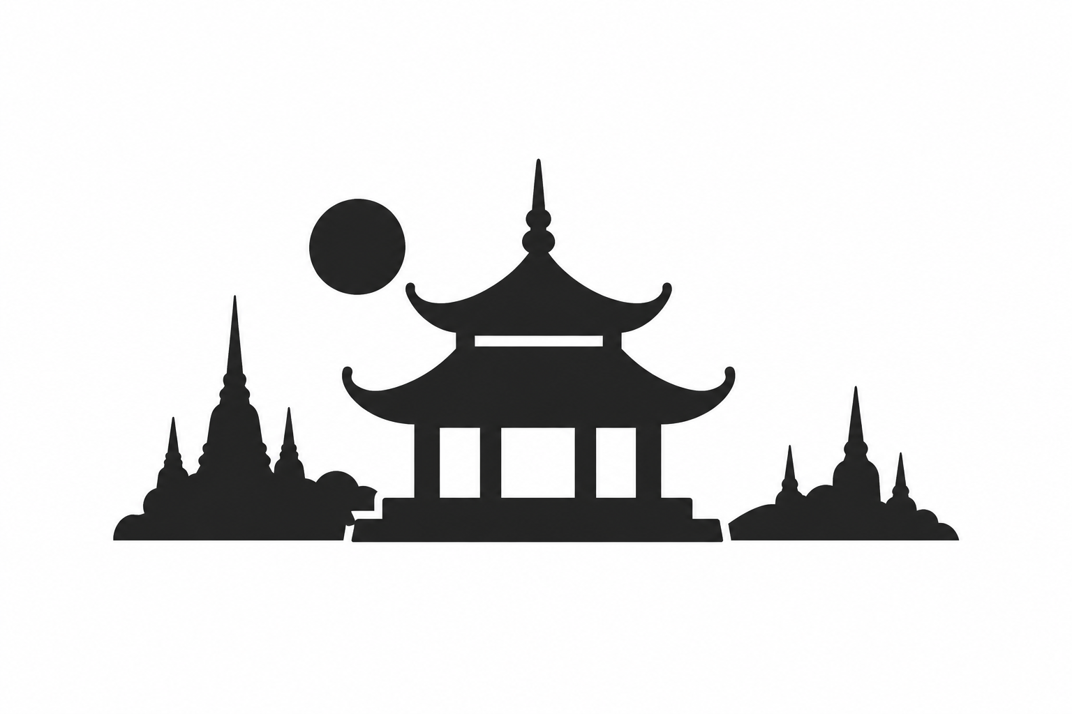 Black silhouette of an Asian temple representing AromaHoliday Asia destinations