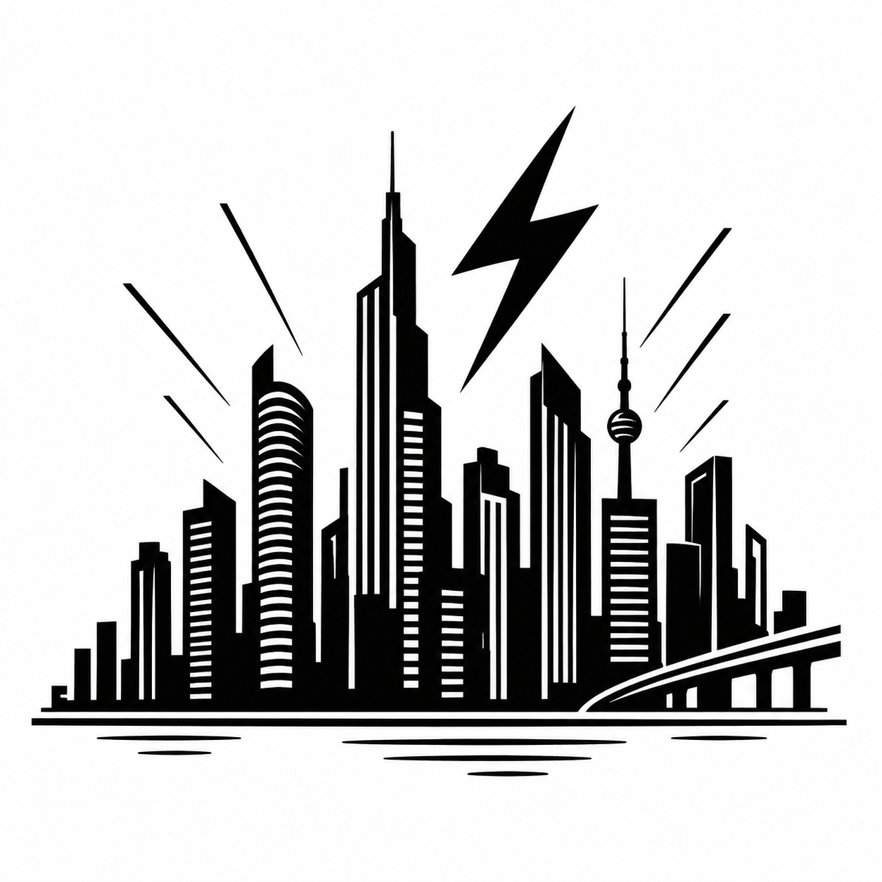 City energy fragrances silhouette featuring a vibrant city skyline and lightning bolt