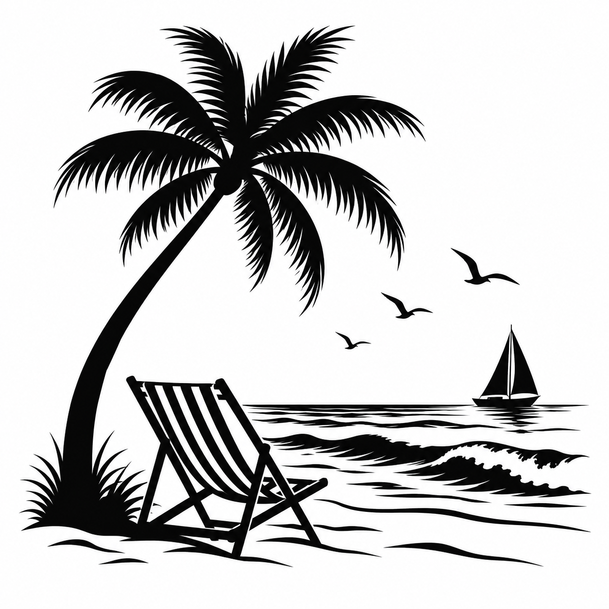 Coastal escape fragrances silhouette featuring a seaside deckchair, palm tree and sailing boat