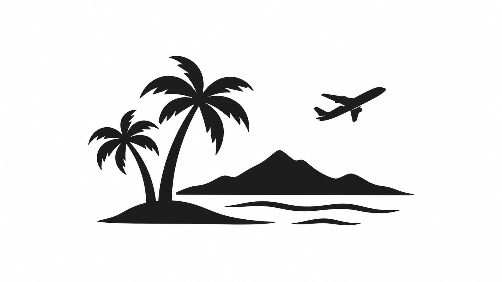 Black tropical island and aircraft silhouette representing AromaHoliday escape destinations