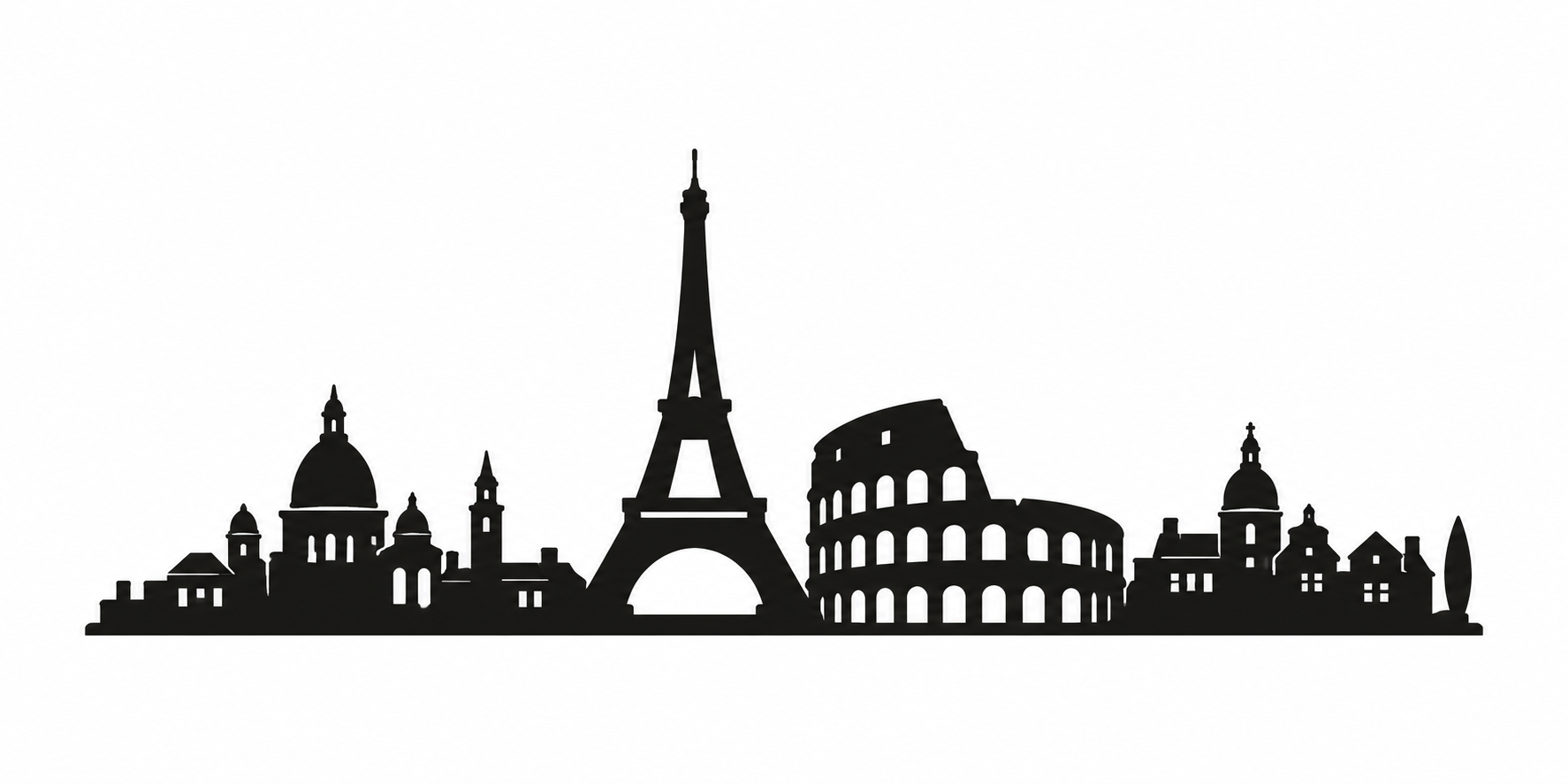 Black silhouette of European landmarks representing AromaHoliday Europe destinations