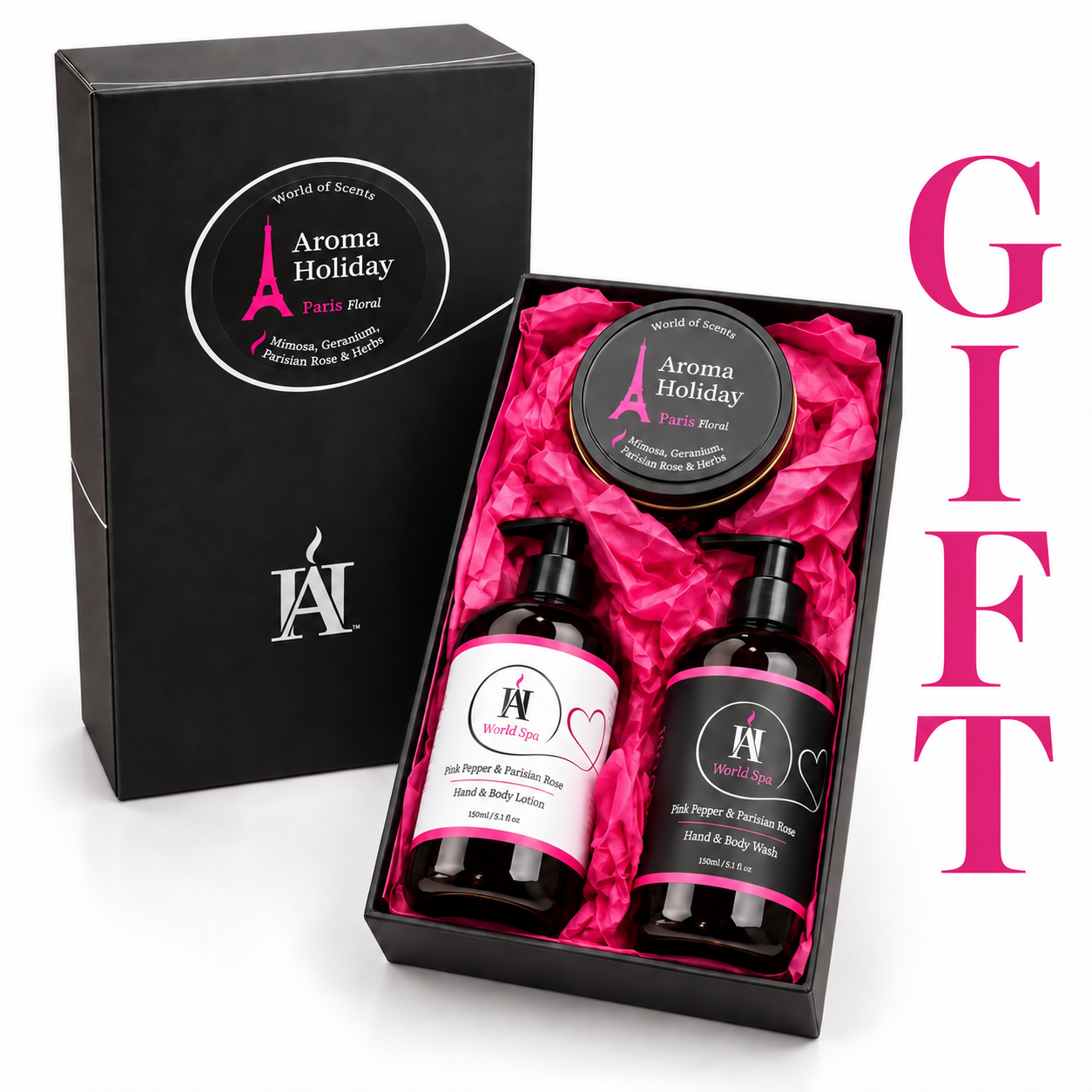 AromaHoliday Paris World Spa and Travel Candle Gift Set with hand and body wash, lotion and matching travel candle.