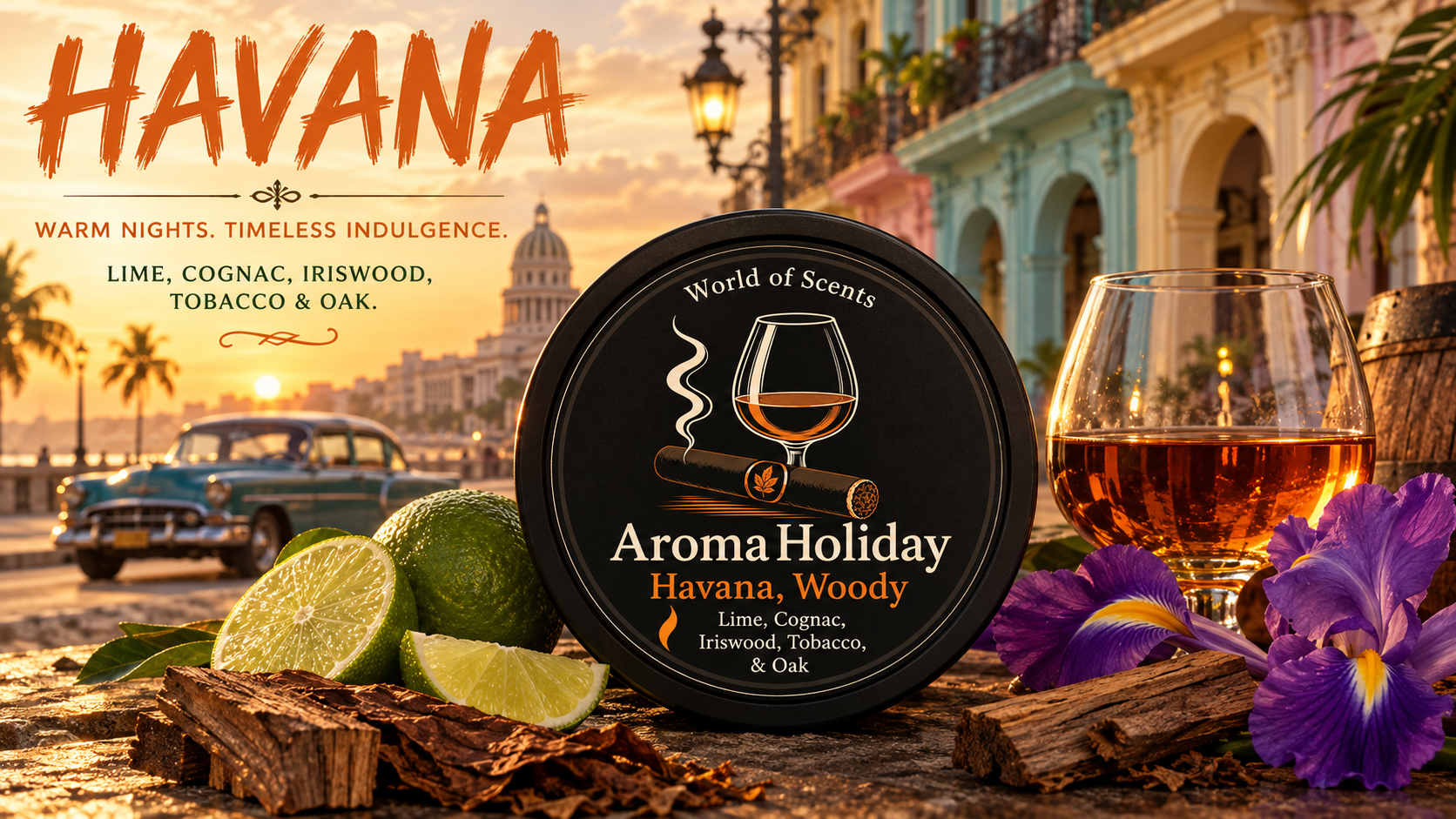Havana Cuba luxury cognac, iriswood and oak home fragrance candle, reed diffuser, room spray and gifts by AromaHoliday UK