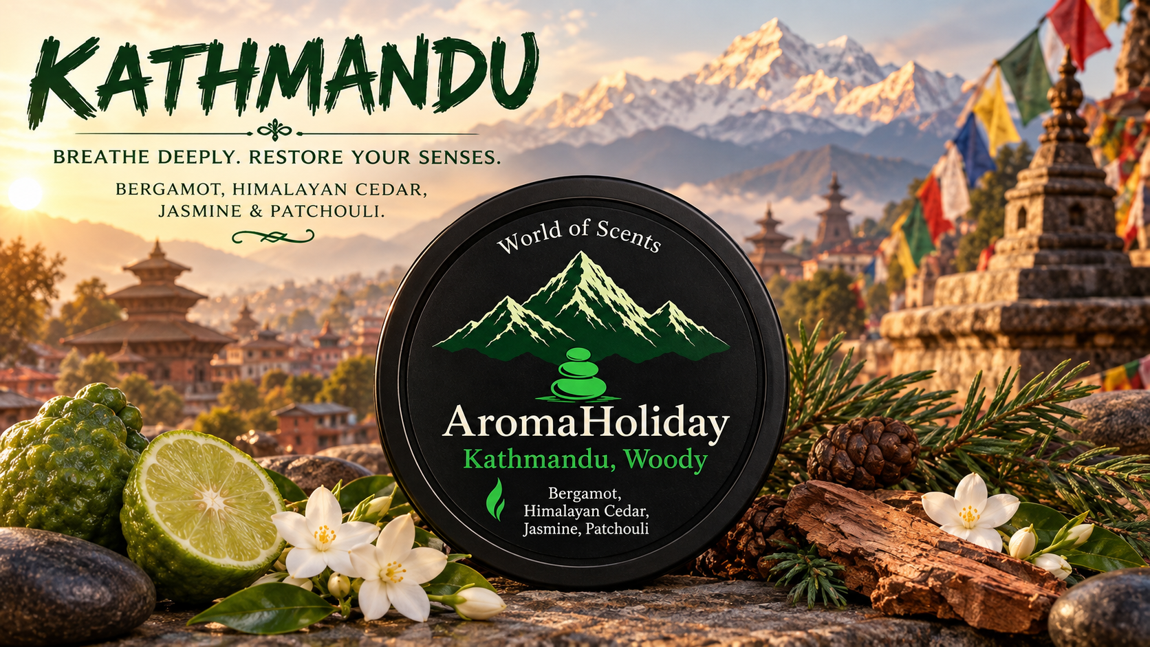 Kathmandu Nepal Himalayan luxury home fragrance candle, reed diffuser, room spray and wellness gifts by AromaHoliday UK