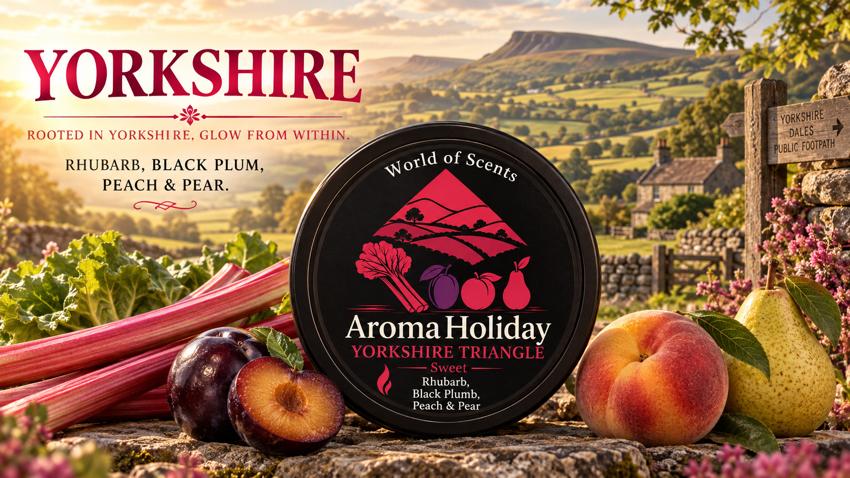 Yorkshire rhubarb and black plum luxury home fragrance candle, reed diffuser, room spray and gifts by AromaHoliday UK