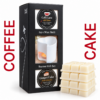 AromaHoliday Coffee and Cake wax melt burner gift set with a white ceramic burner and four six-cube wax melt blocks beside a black gift box, with ruby-red COFFEE and CAKE lettering.