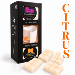 AromaHoliday Rome and Valencia wax melt burner gift set in a black presentation box, with a white ceramic burner, four wax melt bars and vertical orange CITRUS lettering.