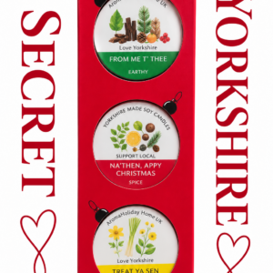 Secret Yorkshire Christmas Gift Set featuring three handmade Yorkshire soy candles in a red Christmas presentation box by Aromaholiday UK